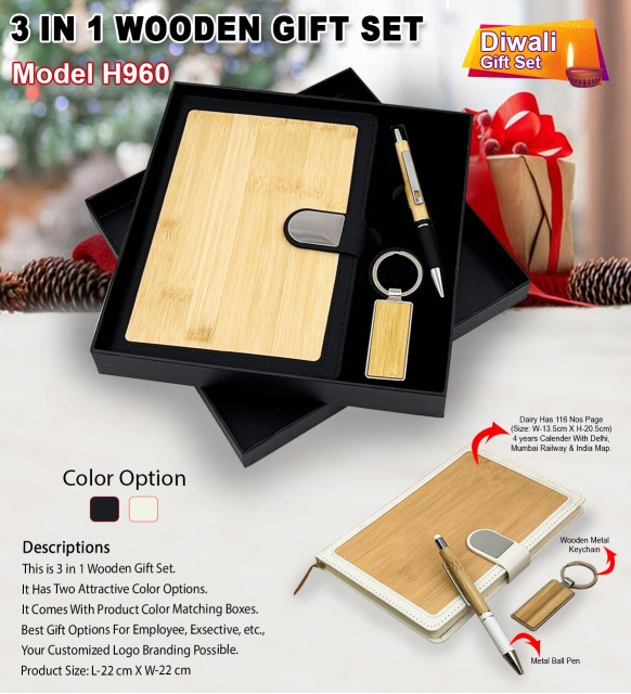 3 in 1 wooden gift set model h960 diary, pen and keychain